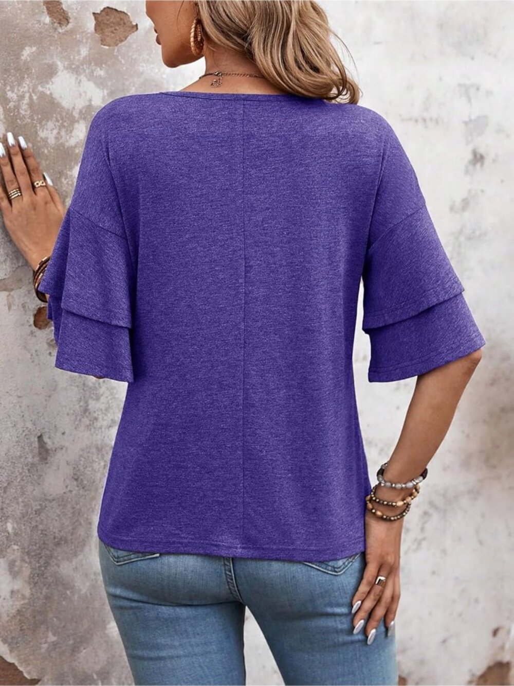 Women's Purple V Neck Blouse Ruffle Bell Sleeve Summer Casual Top Cute Tee - Picture 2 of 6